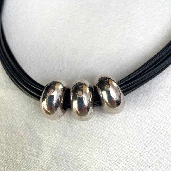 Simon Sebbag Necklace Sterling Silver Beads Multiple Black Leather Strands 18" - Picture 2 of 5